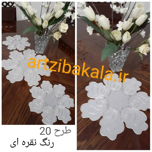 ست سه تکه رومیزی میزی نقره ای جنس پارچه تور ژپون و تور معمولی به همراه تزئینات